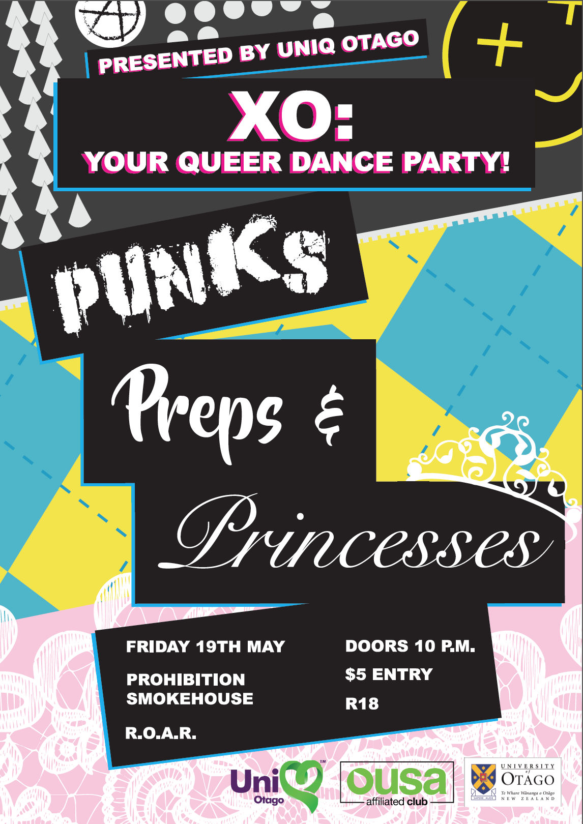 patterned background, event text