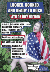 figure wearing American flag, event text